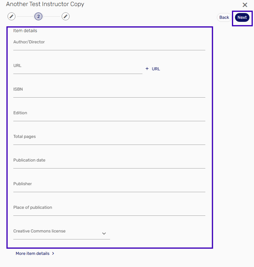 Screenshot from the course reserves system showing the item detail fields you can enter when creating a manual entry in your list.