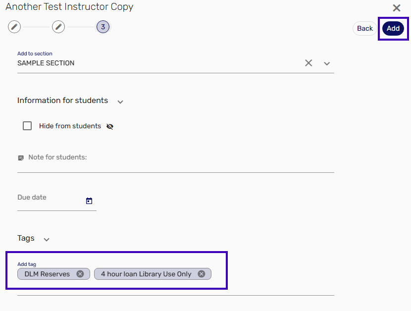 Screenshot from the course reserves system showing how to add your physical material to your list.