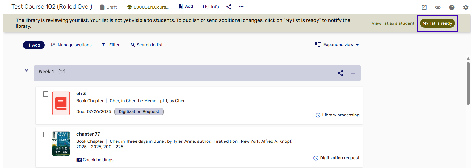 Screenshot from the course reserves system showing how to submit your list when it's ready.