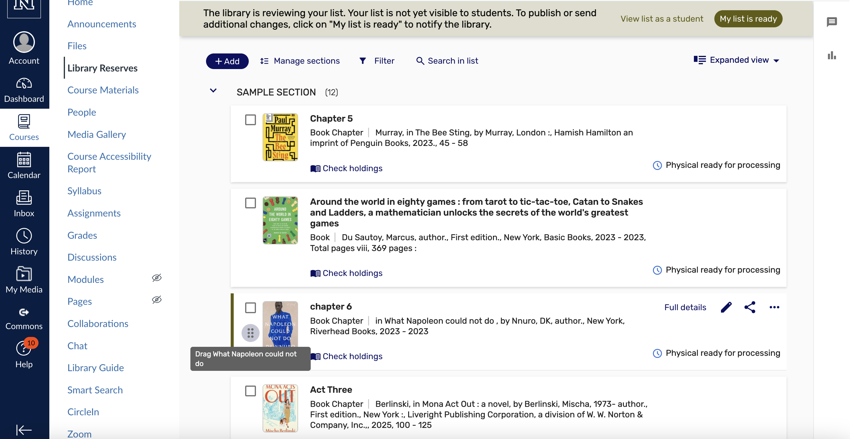 Screenshot from the course reserves system showing a reading list and the option to drag sections around.
