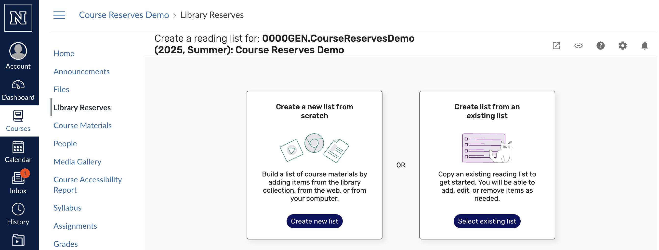Screenshot from the course reserves system showing the option to create a new list or select an existing list.