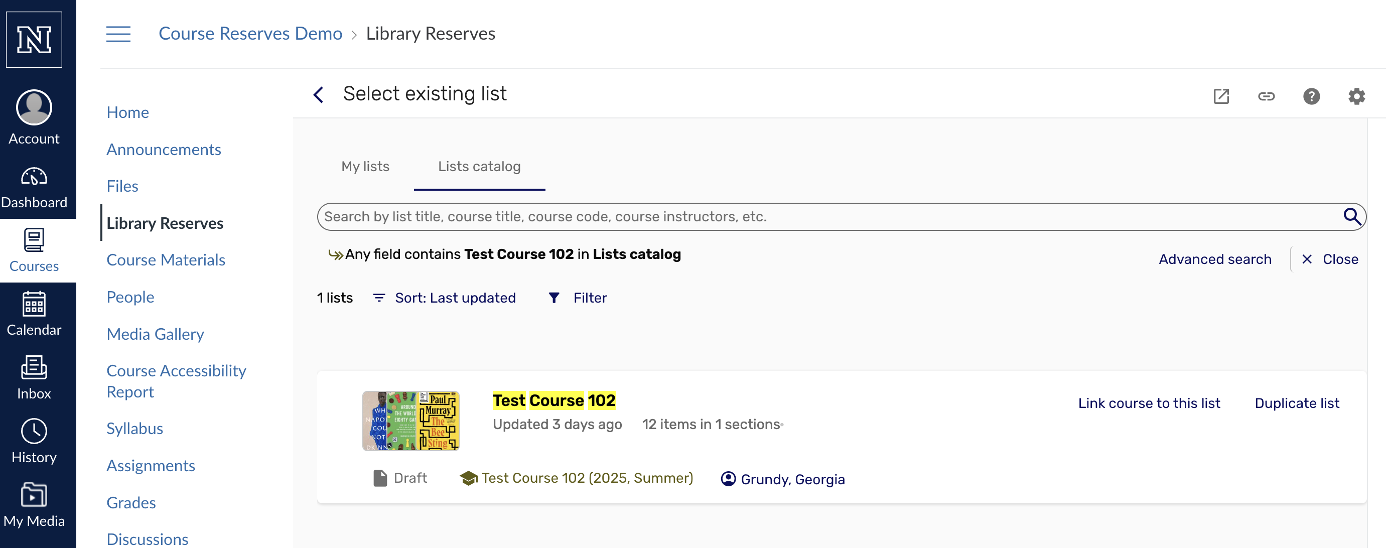 Screenshot from the course reserves system showing a course with the option to "Link course to this list" or to "Duplicate list".