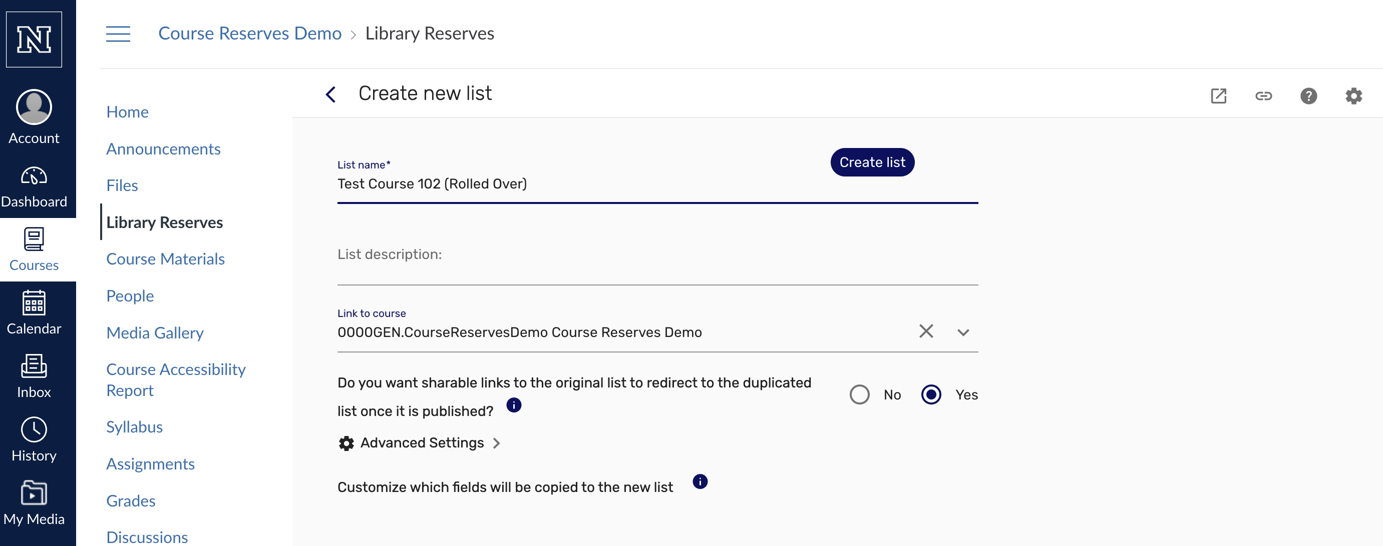Screenshot from the course reserves system showing the options before creating your list.
