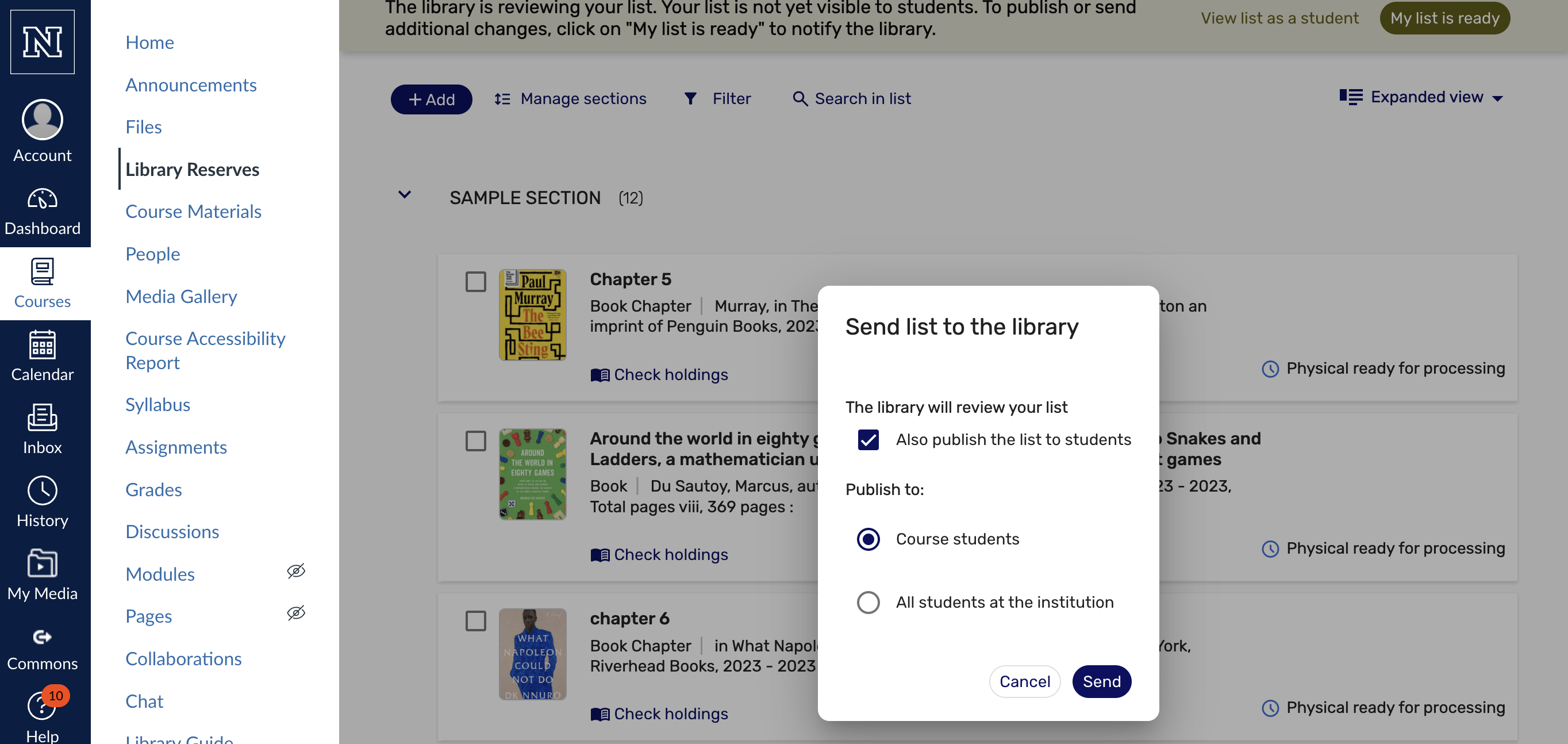 Screenshot of the course reserves system showing how to send a list to the library.