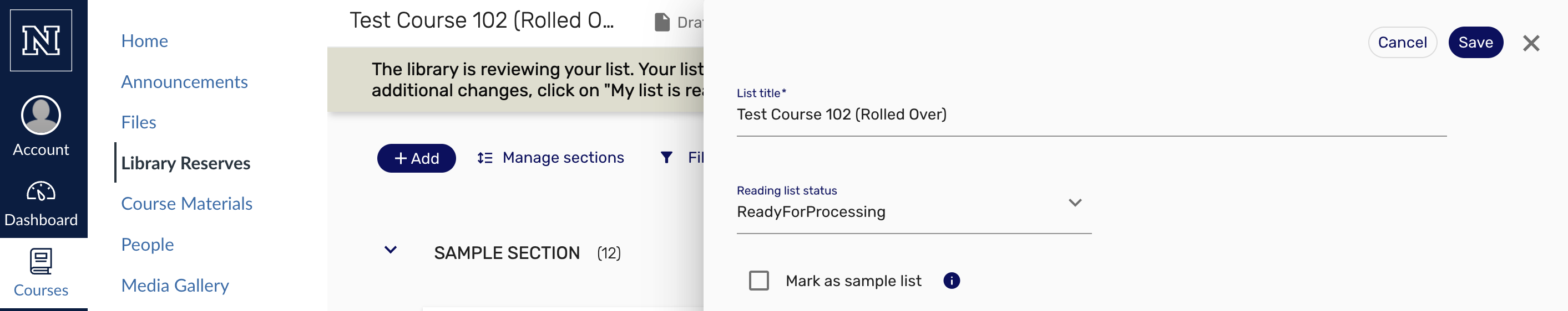 Screenshot from the course reserves system showing how you can rename your reading list.