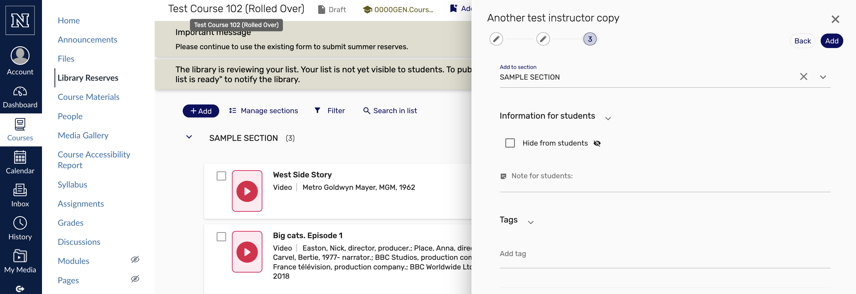 Screenshot from the course reserves system showing how to add your physical material to your list.