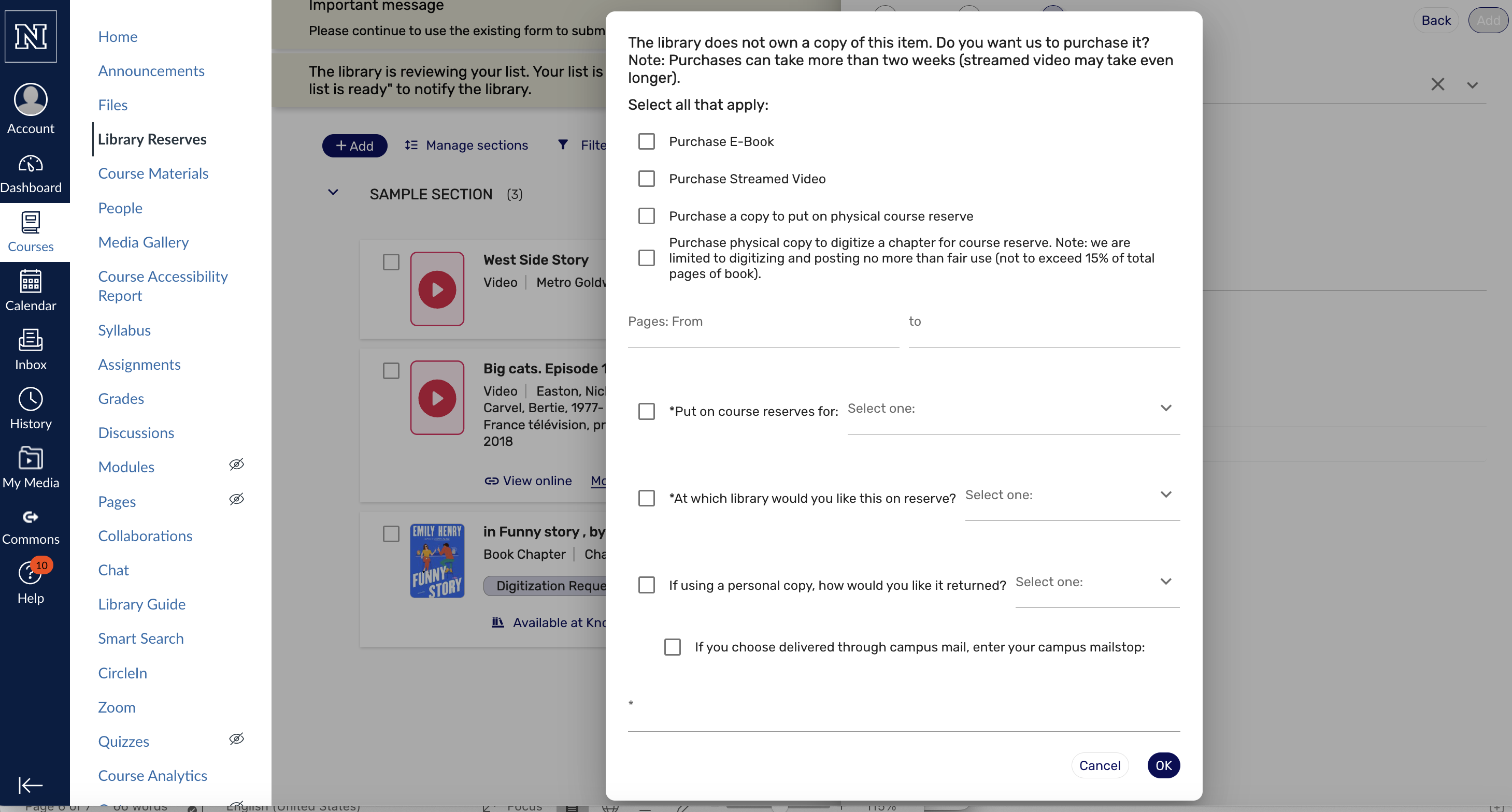Screenshot from the course reserves system showing how to answer additional questions.