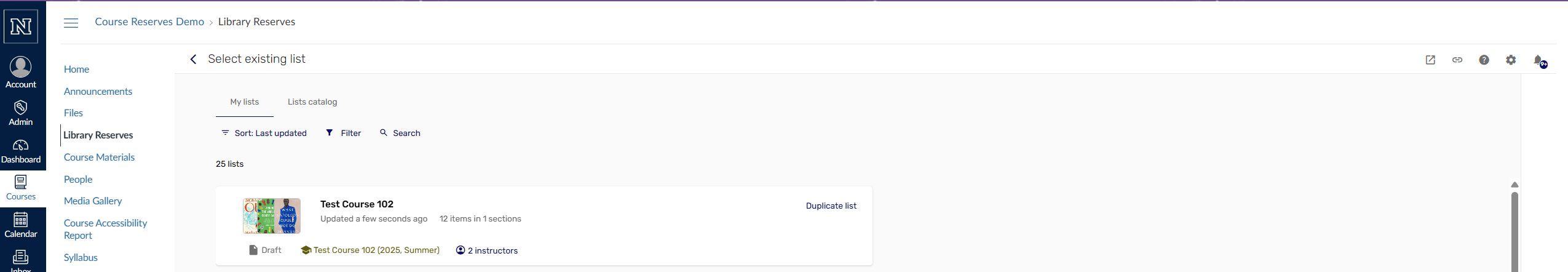 Screenshot from the course reserves system showing a course with the option to "Duplicate list".