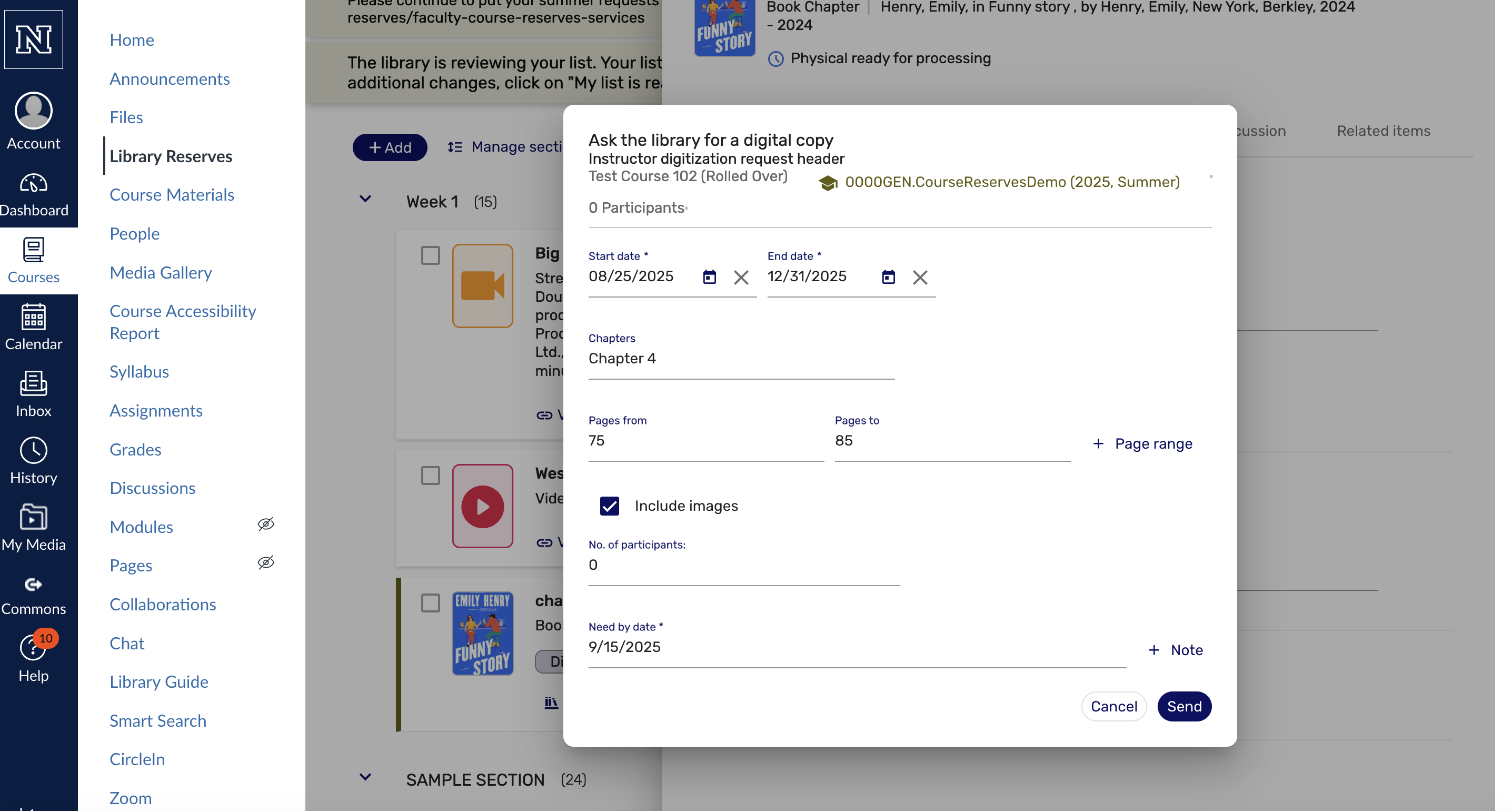 Screenshot from the course reserves system showing ability to specify more information about chapter digitization request needs.