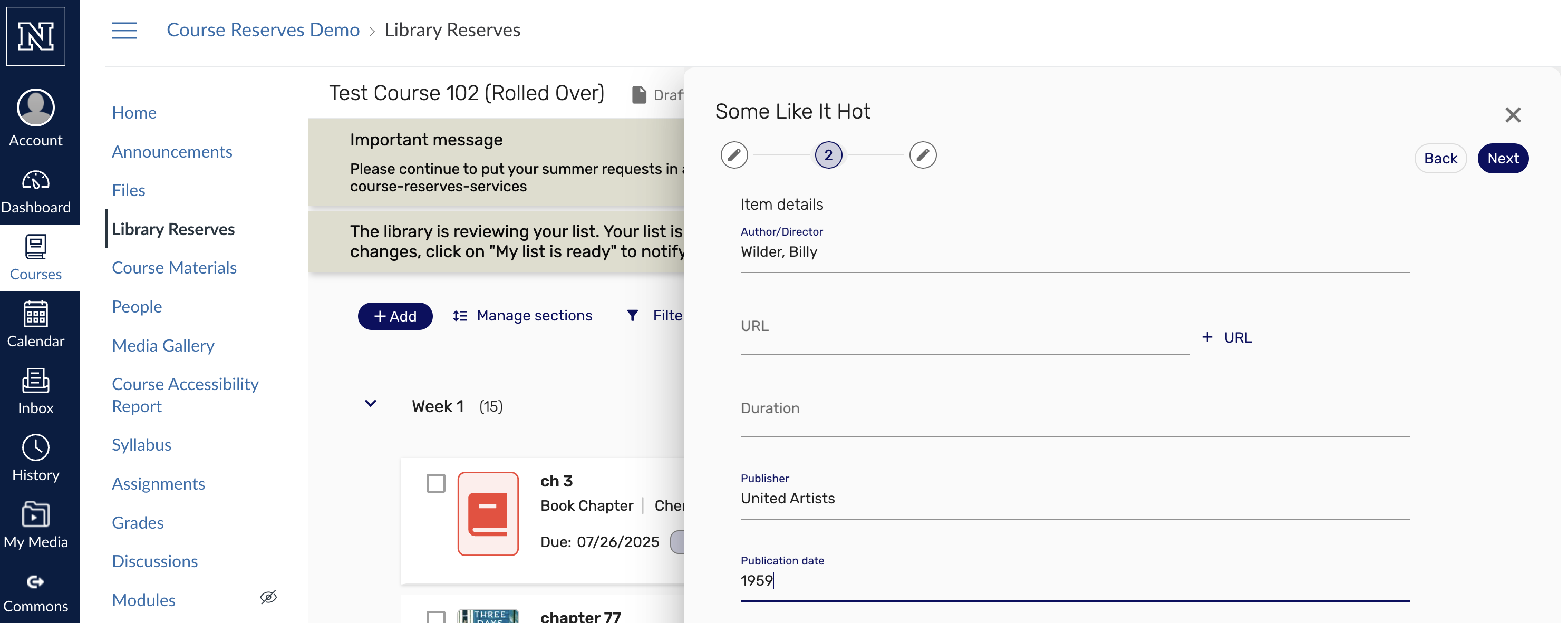 Screenshot from the course reserves system showing available fields to enter material information.