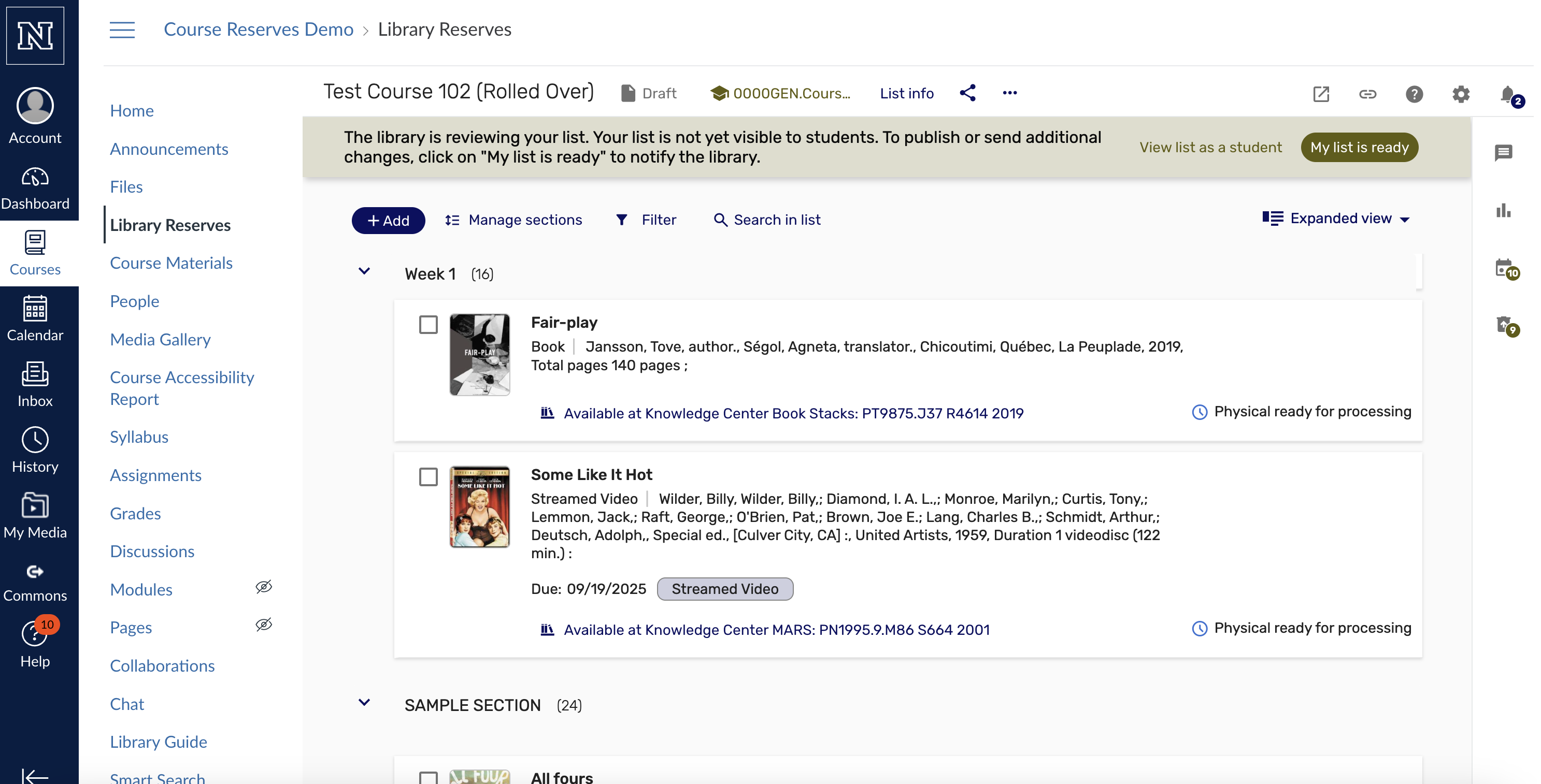 Screenshot from the course reserves system showing how to submit your list when it's ready.