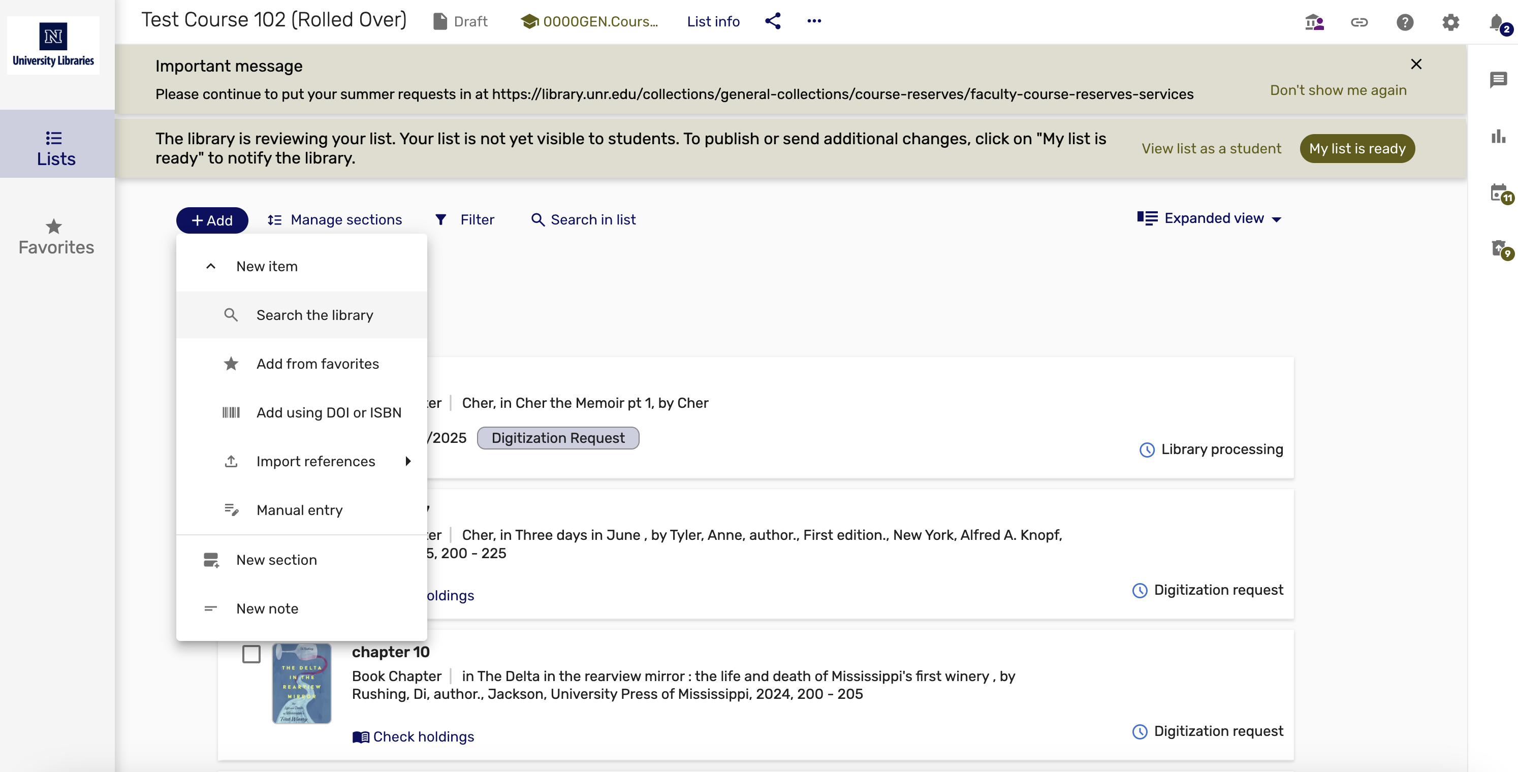 Screenshot from the course reserves system showing the option to select the option to "Search the library".