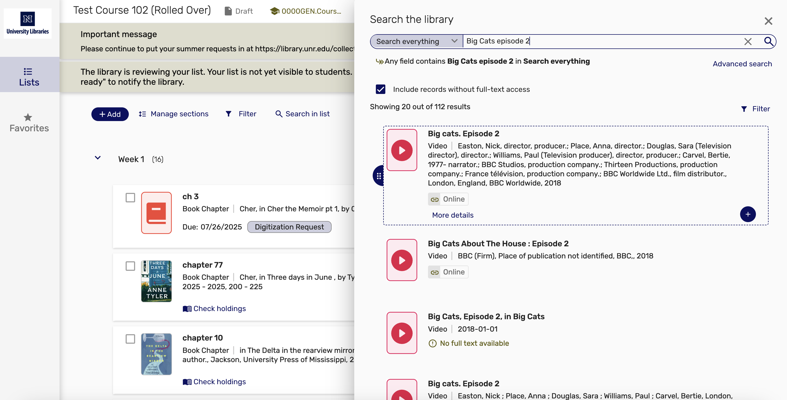 Screenshot from the course reserves system showing the option to select a title you've searched for.