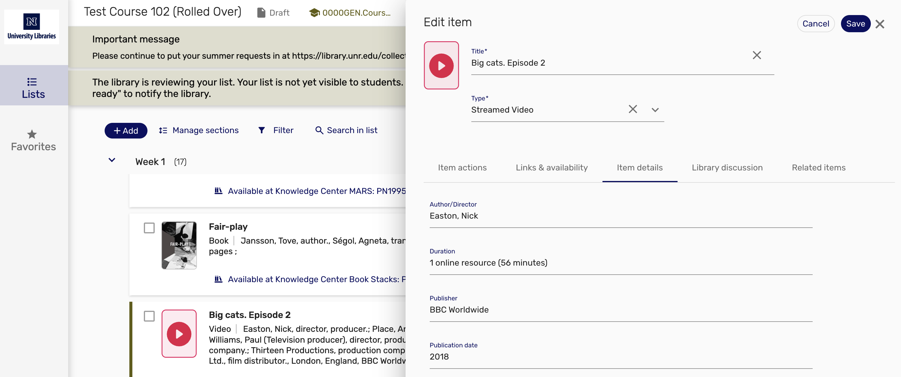 Screenshot from the course reserves system showing available fields to enter item details.