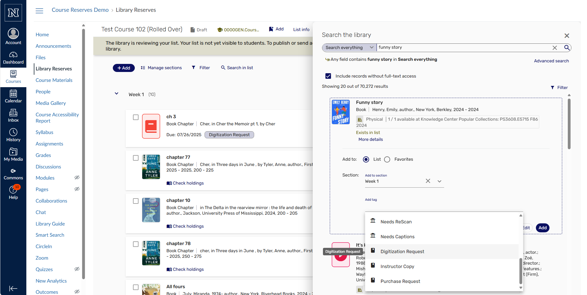Screenshot from the course reserves system showing available fields to enter material information.