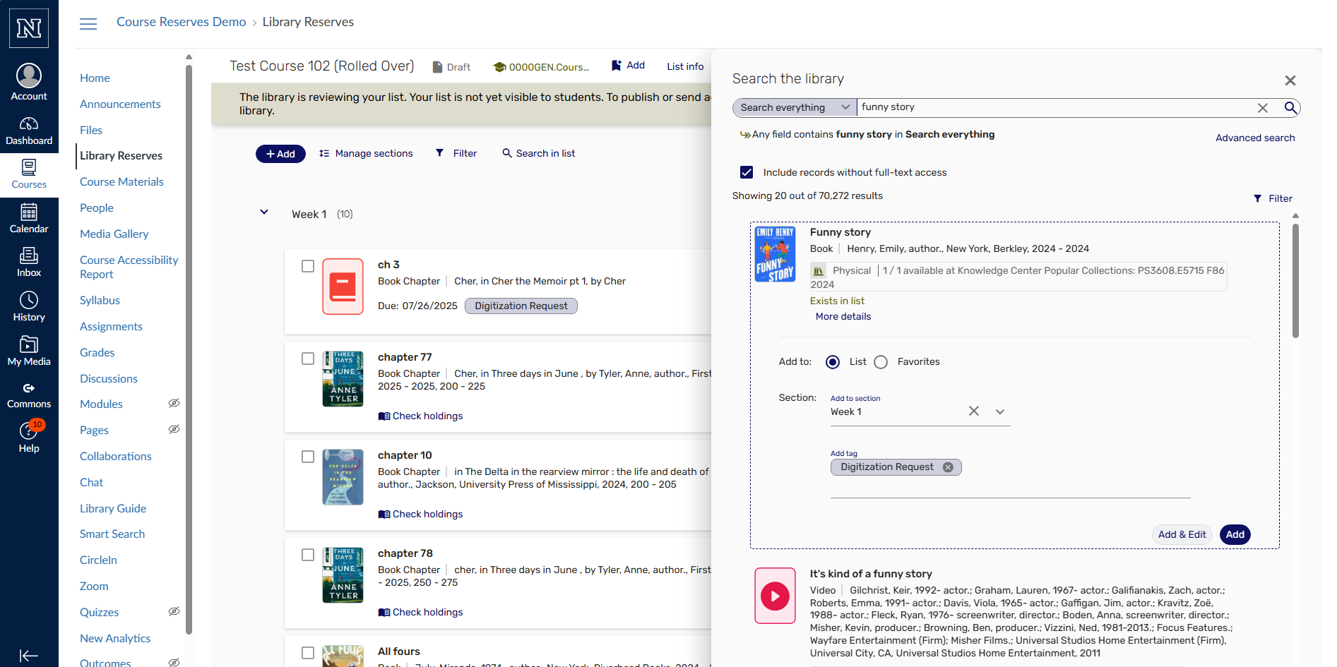Screenshot from the course reserves system showing available fields to enter material information.