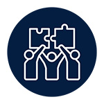 Icon of three people holding up matching puzzle pieces.