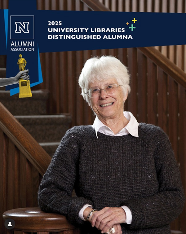 Portrait of Ann Ronald with text overlay that says "Alumni Association - 2025 University Libraries Distinguished Alumna"