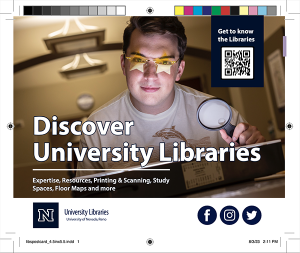 A postcard that reads "Discover the University Libraries: expertise, resources, printing and scanning, study spaces, floor maps and more" with a QR code to scan.