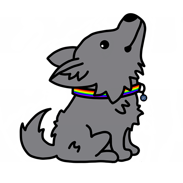 Illustrated wolf with a rainbow collar.