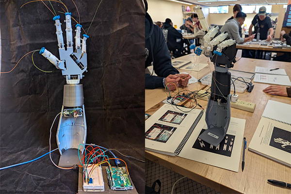 Two images of the prosthetic hand; one with fingers extended and one with them curled.