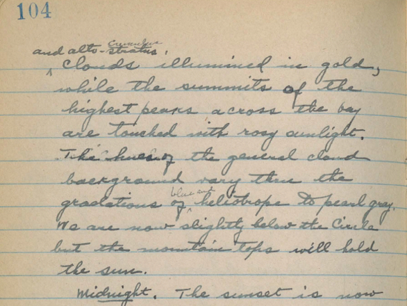 Detail from a diary entry by Dr. Church describing golden clouds.