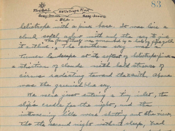 Detail from an diary entry by Dr. Church describing the skies in Greenland.