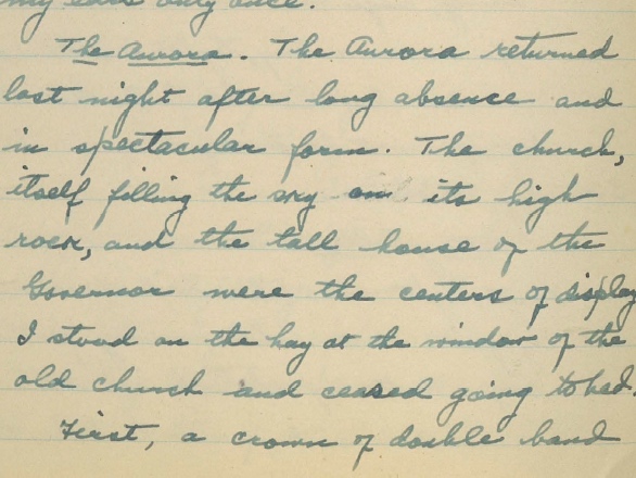 Detail from a diary entry by Dr. Church describing the cold and aurora in Greenland.