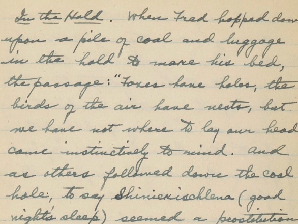 A detail from a diary entry by Dr. Church describing the conditions on the ship he took to Greenland.