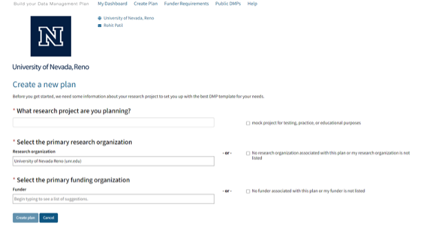 Screenshot of the DMPTool webpage that allows users to create a data management plan.