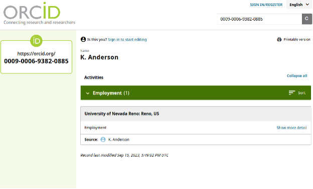 Screenshot of the registration fields that a user fills out when creating an ORCID ID.