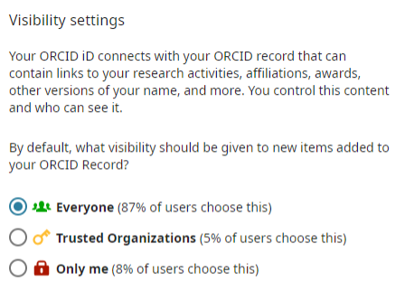 Screenshot of the visibility options available through ORCID
