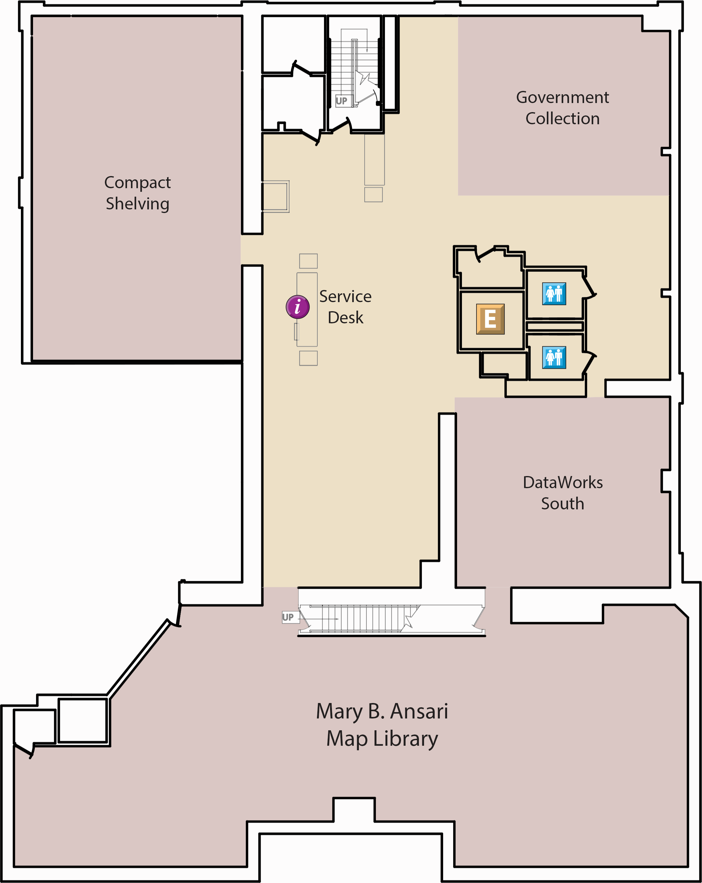 The Basement Floor map is a map of the DeLaMare library at the University of Nevada, Reno main campus showing all of the rooms and features of the Basement Floor of the DeLaMare Library.  Getting to the Basement Floor of the DeLaMare Library The basement floor of the DeLaMare Library includes an entrance facing north. There is an elevator in the middle of the basement-floor area and a set of stairs on the north end that leads to the upper floors of the DeLaMare Library.  Features of the Basement Floor The Service Desk is directly south of the north staircase entrance to the basement floor.  On the west side of the basement floor is the Compact Shelving room.  The Government Collection is on the east side of the basement floor.  South of the Government collection, there are two gender-neutral bathrooms. Directly to the west of the bathrooms is a public elevator.  The DataWorks South lab is located south of the public elevator and the two gender-neutral bathrooms.  South of the basement floor, there is an exit only staircase that leads p to the first floor before entering the Mary B. Ansari Map Library.  On the very south end of the basement floor, you will find the Mary B. Ansari Map Library.