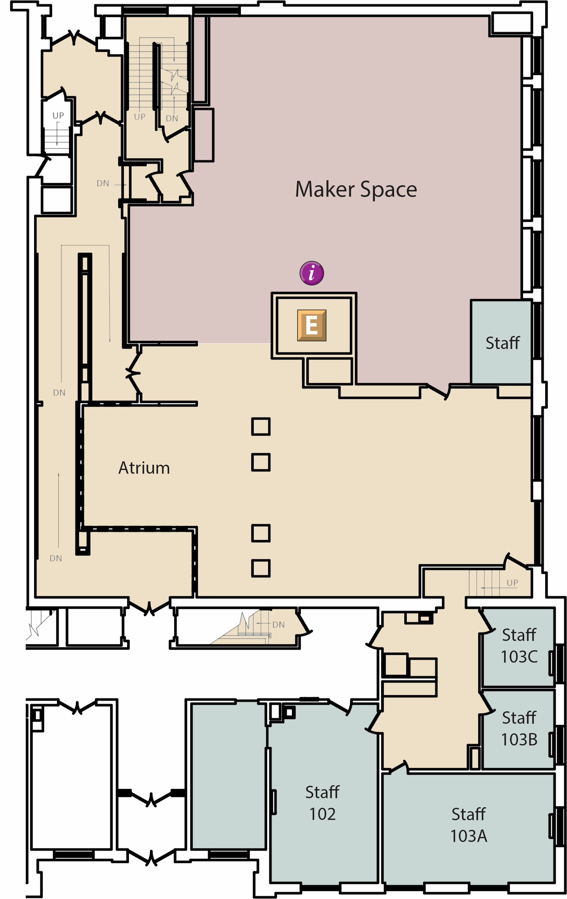 The First Floor map is a map of the DeLaMare Library at the University of Nevada, Reno main campus showing all of the rooms and features of the First Floor of the DeLaMare Library.  Getting to the first floor of the DeLaMare Library The first floor of the DeLaMare Library includes two outside entrances; one non-accessible entrance on the south end of the building and a wheelchair accessible entrance on the north end of the building. Stairs are also located on the north side of the first floor, which will lead to the second floor and the basement floor. An ADA ramp connects the north and south entrance to the building, as well as leading down into the first-floor area. A public elevator is located directly to the east of the first-floor ramp entrance.  Features of the First Floor The first floor includes the Maker Space area on the east side of the building, and staff cubicles located southeast of the Maker Space area.  The Atrium is an open area and is southwest of the first floor.  A communal kitchen located on the south end of the first floor is available to library staff and students  Library Staff office rooms, 102, 103A, 103B, and 103C, are also located in the kitchen communal area.
