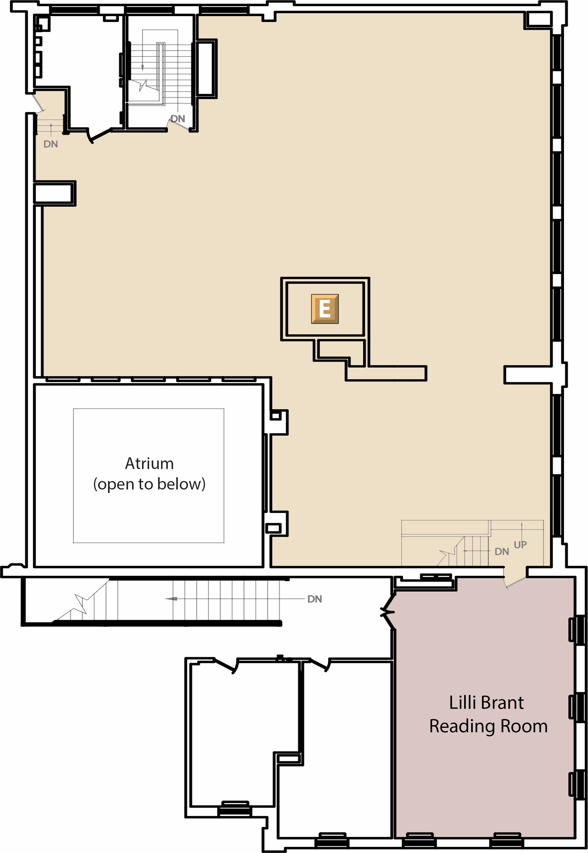 The Third Floor map is a map of the DeLaMare Library at the University of Nevada, Reno main campus showing all of the rooms and features of the Third Floor of the DeLaMare Library.  Getting to the Third floor of the DeLaMare Library The third floor of the DeLaMare Library includes an entrance facing north and south. There is an elevator in the middle of the basement, first, and second-floor area and a set of stairs on the north end that leads to the upper floors of the DeLaMare Library. Alternatively, the south end entrance can be accessed from the southern entrance to the DeLaMare Library first floor. There is a set of stairs to the west when entering the south entrance that leads to the Lilli Brant Reading Room and is connected to the rest of the third floor.  Features of the Third Floor A public elevator located in the center of the third-floor area.  The Atrium is open to below (first floor) and is southwest of the second floor.  On the south end of the third floor, there is an alternative staircase that leads down to the second floor.  Adjacent to the staircase in the south end of the third floor is the Lilli Brant Reading Room which has an exit to the first floor.