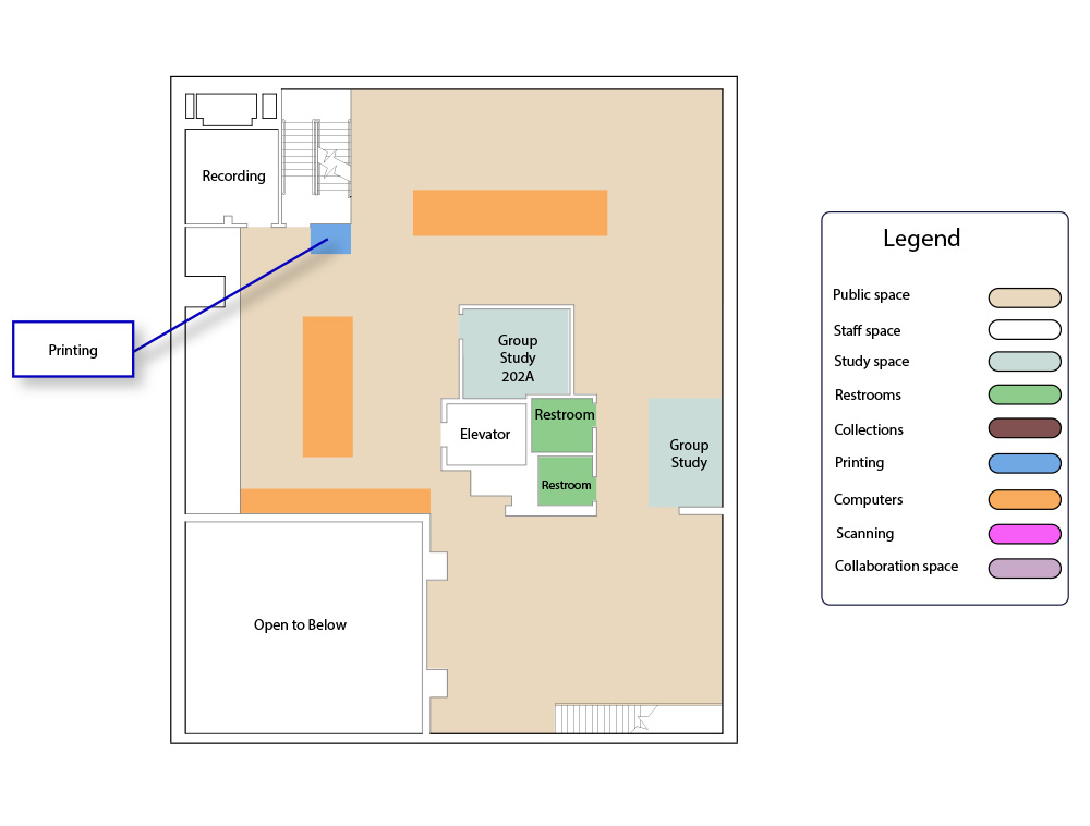A map of the second floor of DeLaMare Library. It includes colors differentiating public and staff spaces, in addition to room labels. The the primary purpose of the floor involves study spaces and computers. The floor is also home to the theses collection.