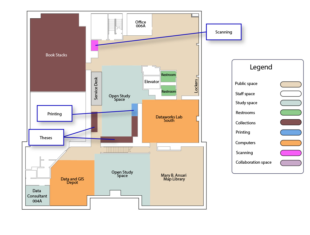A map of the first floor of DeLaMare Library. It includes colors differentiating public and staff spaces, in addition to room and service labels. The floor features a service desk near the center of the space, compact shelving for book storage, the GIS/Data Depot, scanning near the service desk, the Dataworks South lab, and restrooms in the center of the floor.