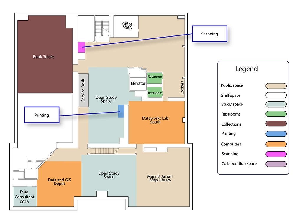 A map of the first floor of DeLaMare Library. It includes colors differentiating public and staff spaces, in addition to room and service labels. The floor features a service desk near the center of the space, compact shelving for book storage, the GIS/Data Depot, scanning near the service desk, the Dataworks South lab, and restrooms in the center of the floor.
