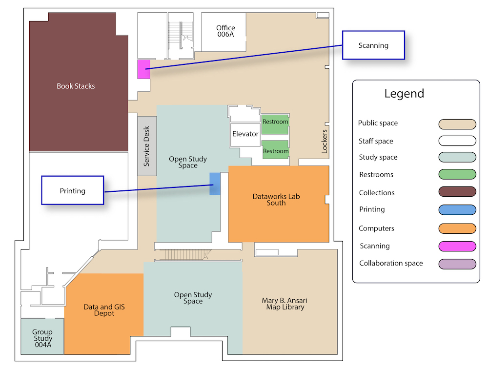 A map of the first floor of DeLaMare Library. It includes colors differentiating public and staff spaces, in addition to room and service labels. The floor features a service desk near the center of the space, compact shelving for book storage, the GIS/Data Depot, scanning near the service desk, the Dataworks South lab, and restrooms in the center of the floor.