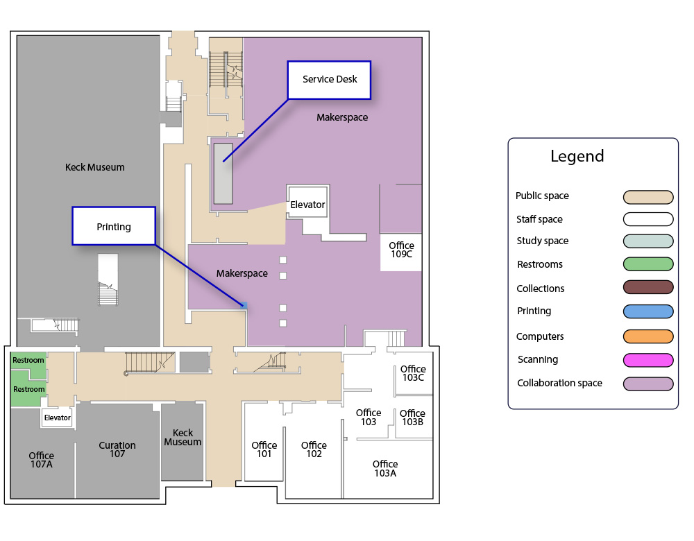 A map of the first floor of DeLaMare Library. It includes colors differentiating public and staff spaces, in addition to room and service labels. The floor features the Makerspace, a large collaborative space for learning and research using fabrication methods. Restrooms and the Keck Museum are also on the floor.