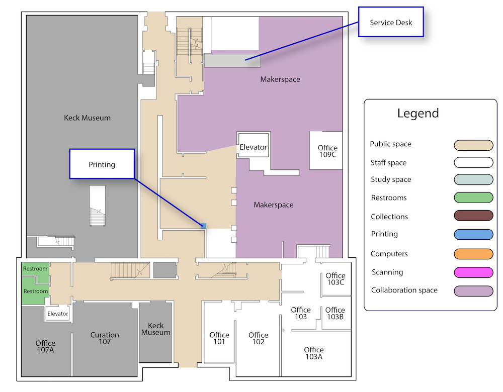 A map of the first floor of DeLaMare Library. It includes colors differentiating public and staff spaces, in addition to room and service labels. The floor features the Makerspace, a large collaborative space for learning and research using fabrication methods. Restrooms and the Keck Museum are also on the floor.