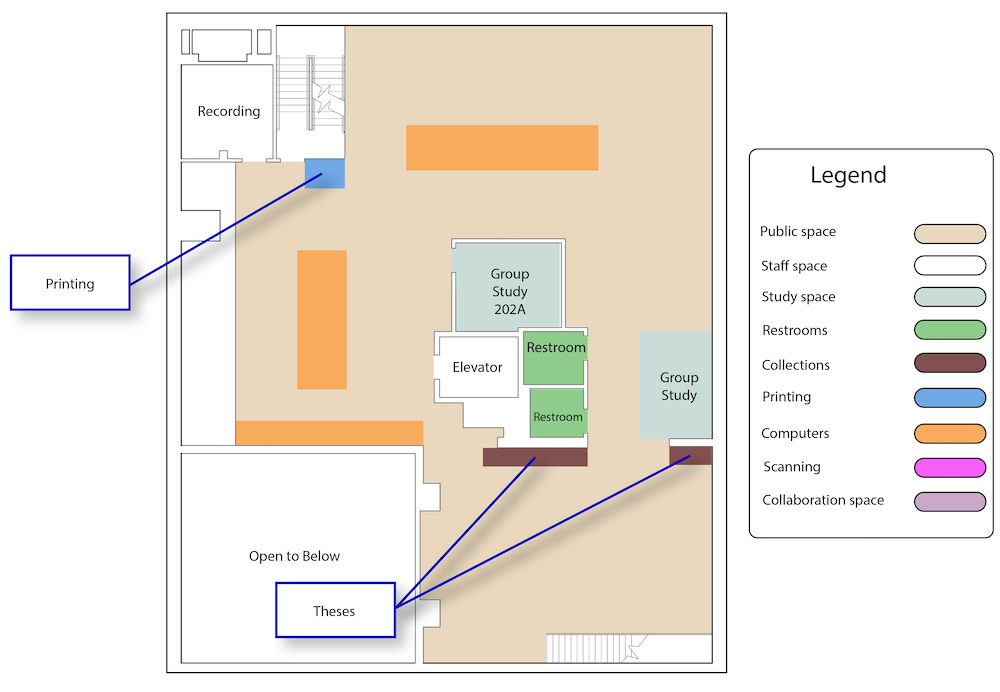 A map of the second floor of DeLaMare Library. It includes colors differentiating public and staff spaces, in addition to room labels. The the primary purpose of the floor involves study spaces and computers. The floor is also home to the theses collection.
