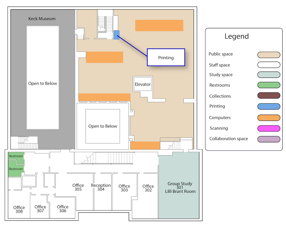 A map of the third floor of the DeLaMare Library. It includes colors differentiating public and staff spaces, in addition to room labels. 