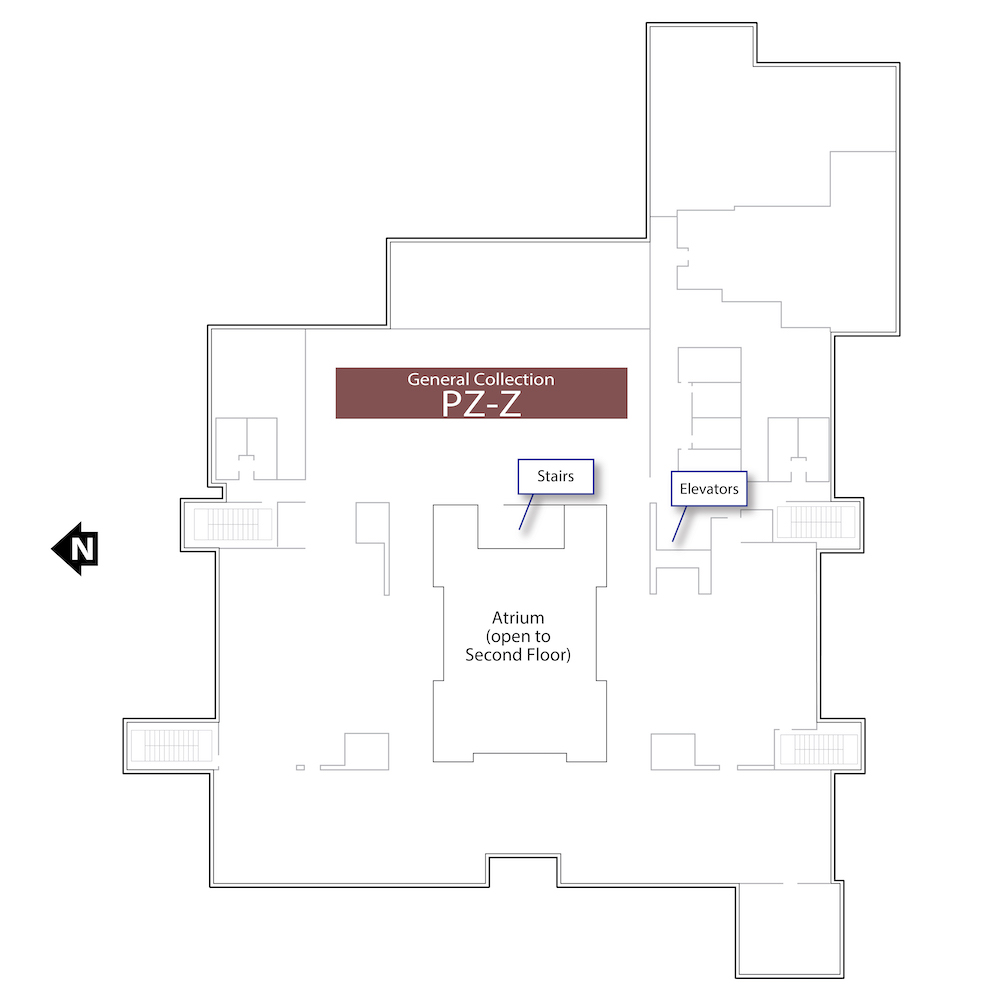 Outline of the fifth floor with a brown polygon highlighting the range housing materials with call numbers starting with PZ-Z. It also includes annotations for the location of the stairs in the center of the floor and the elevator in the southeastern corner of the floor.