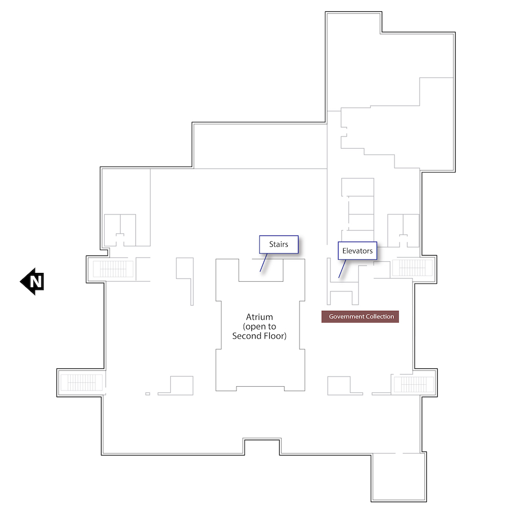 Outline of the fifth floor with a brown polygon highlighting the range housing materials with government collection materials. It also includes annotations for the location of the stairs in the center of the floor and the elevator in the southeastern corner of the floor.