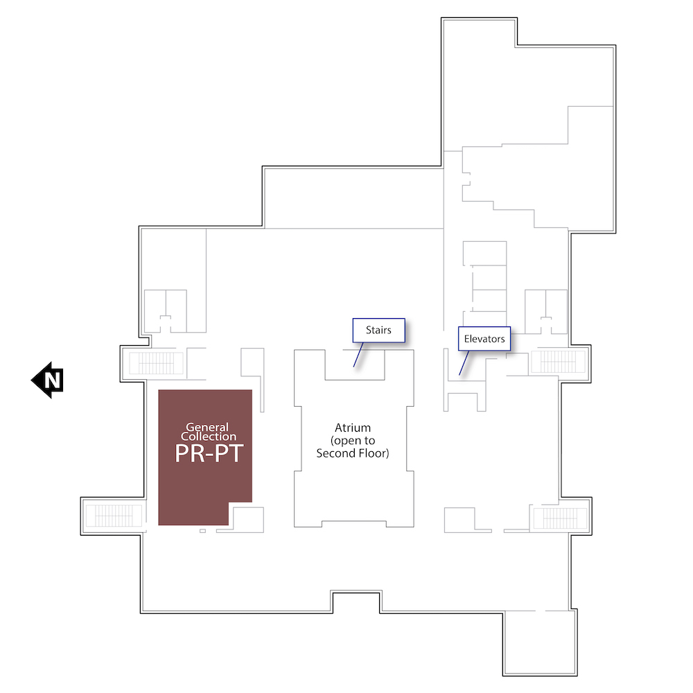 Outline of the fifth floor with a brown polygon highlighting the range housing materials with call numbers starting with PR-PT. It also includes annotations for the location of the stairs in the center of the floor and the elevator in the southeastern corner of the floor.