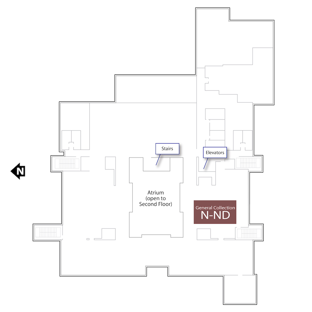 Outline of the fifth floor with a brown polygon highlighting the range housing materials with call numbers starting with N-ND. It also includes annotations for the location of the stairs in the center of the floor and the elevator in the southeastern corner of the floor.