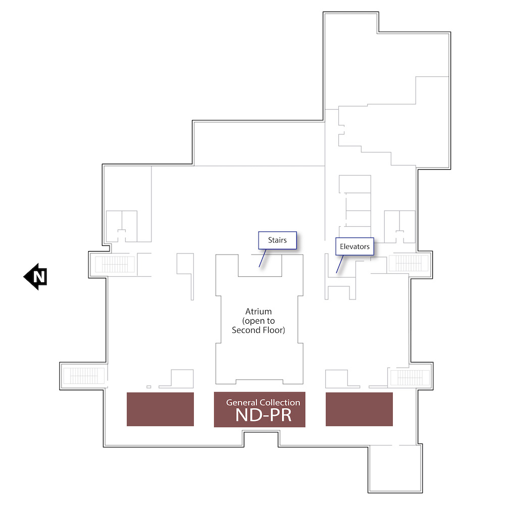 Outline of the fifth floor with a brown polygon highlighting the range housing materials with call numbers starting with ND-PR. It also includes annotations for the location of the stairs in the center of the floor and the elevator in the southeastern corner of the floor.