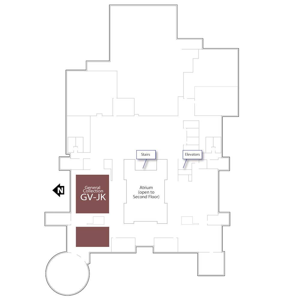 Outline of the fourth floor with a brown polygon highlighting the range housing materials with call numbers starting with GV-JK. It also includes annotations for the location of the stairs in the center of the floor and the elevator in the southeastern corner of the floor.