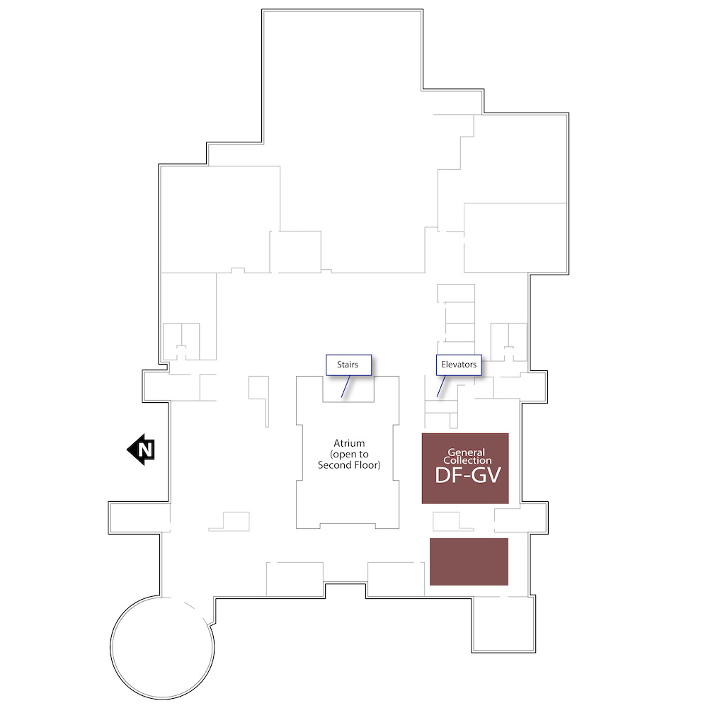 Outline of the fourth floor with a brown polygon highlighting the range housing materials with call numbers starting with DF-GV. It also includes annotations for the location of the stairs in the center of the floor and the elevator in the southeastern corner of the floor.